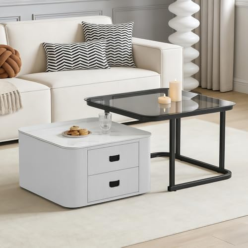 Quadratisch Couchtisch 2er Set, Moderne Satztisch mit 2 Schublade, 2 teilig Wohnzimmertisch, Kaffeetische Set with Marmoriert, Gehärtetes Glas, Schwarz Metallgestell für Balkon und Büro, Weiß
