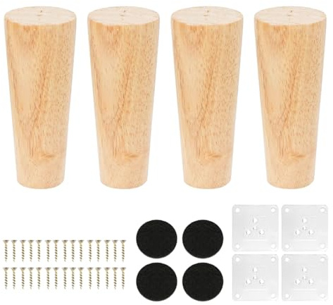 ACOLY 4 Pack 12cm Oak Furniture Legs, Conical Wooden Table Legs, Furniture Feet with Mounting Plates, Couch Cabinet Bed