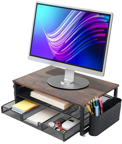 Inscrip Monitorständer Mit 2 Ebenen, Schreibtisch-Computer-Monitorständer mit Schublade und 2 Stifthaltern, Monitor Erhöhung für Bildschirm und Laptop, ergonomischer Desktop Ständer für Büro Zubehör
