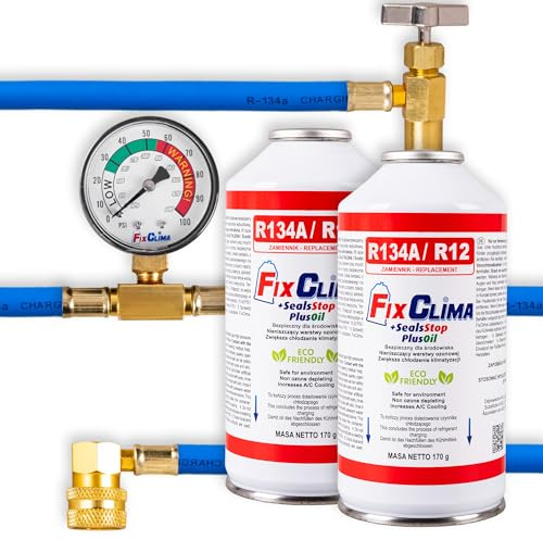 FixClima R134a/R12 3-in-1 Nachfüllset – 2× Kältemittel + Öl & Dichtmittel + Manometer & Kupferschlauch – Profi Auto-Klima-Set, starke Kühlleistung, umweltfreundlich Veltao