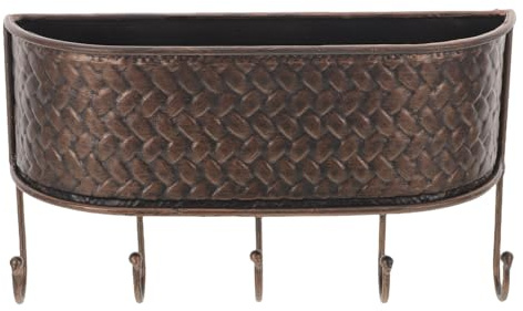 CAXUSD Panier Mural en Fer Forgé Vintage Rouge Cuivre 5 Crochets pour Clés, Organisateur de Courrier et Porte-clés, Rangement Mural pour Entrée et Bureau, Support Multifonction pour Clés