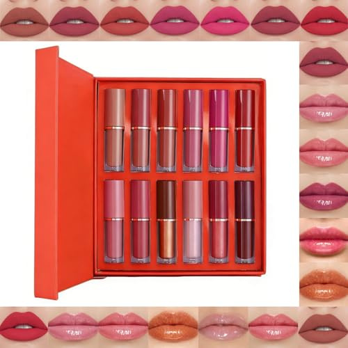 Set de 12 colores de pintalabios líquido mate, pintalabios mate aterciopelado, tinte labial nude voluminizador, brillo de labios sedoso de larga duración, kit de maquillaje de labios (Set D)
