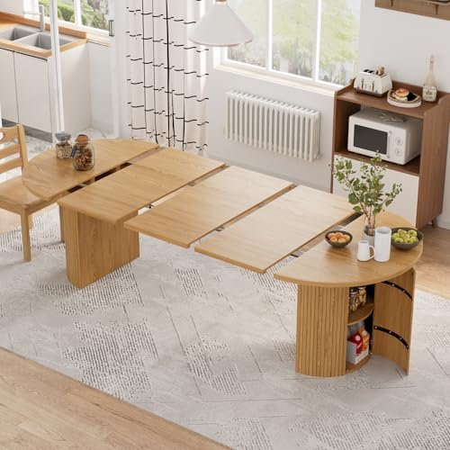43-95 inch Long Round Extendable Dining Table for 4-10, Space Saving Oval Large Dinner Kitchen Table with 3 Leaf, 2 Storage, Fluted Mid Century Modern Dining Room Table for Living Room, Natural