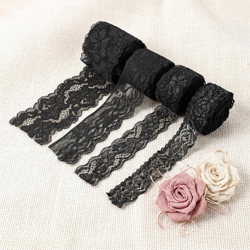 4 Rollen Schwarze Spitzenband, 4 Größen Spitzenstoff, Elastische Spitzenborte, Schwarze Spitze Deko für Kleidung Unterwäsche NäHen, Heimwerken, Schneidern, Hochzeit, Dekoration