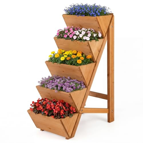 COSTWAY Fioriera Verticale Rialzata a 5/8 Livelli, Aiuola Verticale in Legno con Telaio Triangolare Indeformabile, Orto Rialzato da Esterno ed Interno per Piante, Fiori e Verdure (Arancione,5 Livelli)