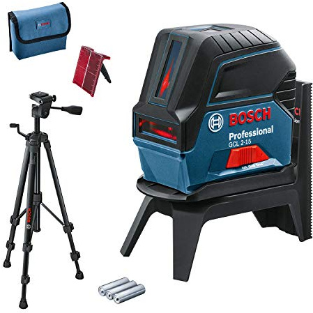 Bosch Professional 06159940FV GCL 2-15 Nivel láser rojo, con puntos de plomada, alcance: 15 m, 3 pilas AA, soporte giratorio RM 1, placa reflectora láser, estuche de protección, trípode BT 150