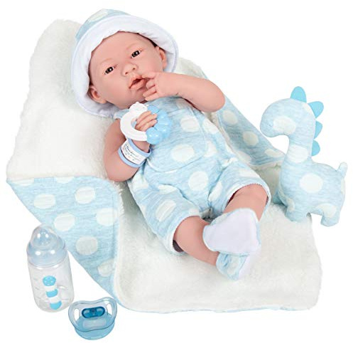 JC Toys La Newborn Puppe für Neugeborene, 38 cm, aus weichem Vinyl, inkl. Kleidung, Plüschtier und 4 Zubehörteile, Kind, blau, entworfen in Spanien von Berenguer, 2 Jahre