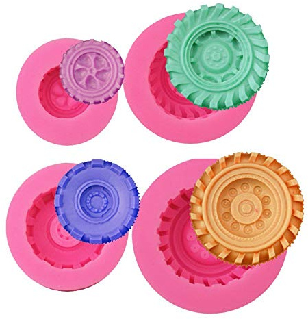 Reifen-Fondant-Formen - Set mit 4 LKW-Rädern aus Silikon für Zuckerbäckerei, Kuchendekoration, Schokolade, Süßigkeiten, Polymerton, Seife, Gelee usw.