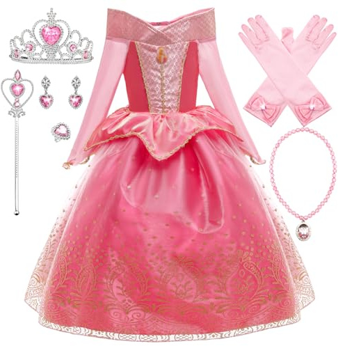 Robe Fille La Belle Au Bois Dormant, Costume Princesse Aurore Manches Longues, Déguisement Cadeau d'Anniversaire Noël Carnaval 3 à 8 Ans Enfant Cosplay, Rose, 110