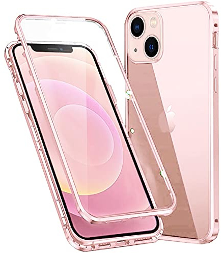 OVANN Cover per iPhone 13 Mini Magnetica Adsorbimento Tech Custodia Anteriore e Posteriore Trasparente Vetro Temperato Case Metallo Alluminio 360 Gradi Full Body Protezione Case - Rosa