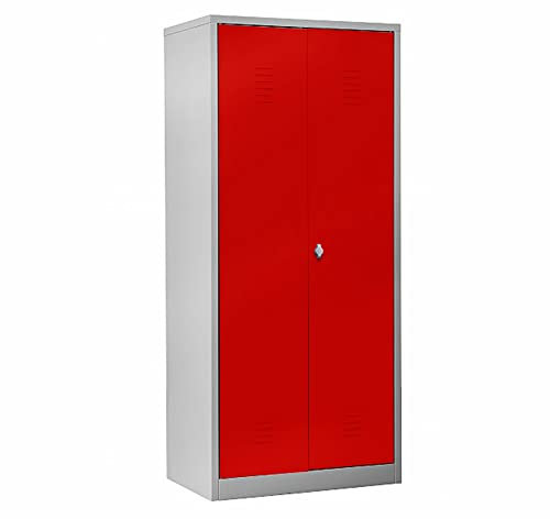 Schrank & Stuhl Doppelspind mit Trennwand – zur Trennung von Arbeits- und Privatkleidung 180x80x50cm, 2 Abteile für eine Person, Drehriegelverschluss, Grau/Rot