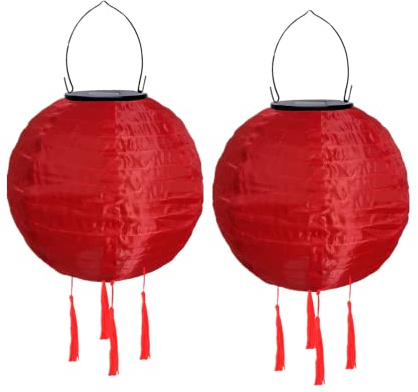 Yeehliny Lampions Außen Wetterfest Solar Laterne Solarlampen Lampenschrimp Außenlaternen 20cm Solar LED Laterne Wasserdicht Nylon Hängende Gartenlaterne Solar Lampion Solarbeleuchtung (2PCS/Rot)