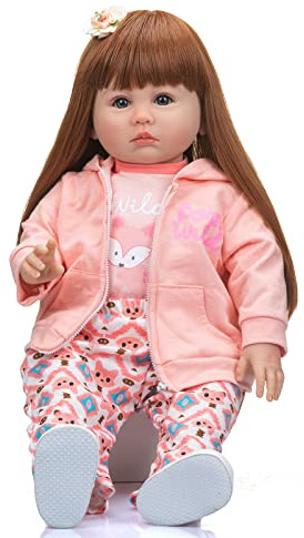 60 CM Debout bébé poupée Reborn Enfant en Bas âge Princesse Julieat Longs Cheveux Rouges en Robe Rose Doux câlin Corps Cadeaux pour Les Enfants (Blue Eyes)
