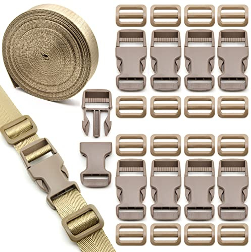 MELORDY 2,5 cm spännremmar set med 10 meter nylonband, 10 st snabbsidofrigörande plastspänne, 20 st treglidklämma för bagagerem, reserv (brun)