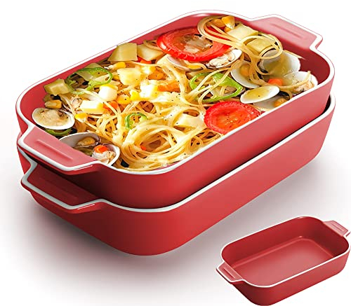 Lasagne Dish, 2PCS 9x5 inch Rectangular Ceramics Baking Dishes with Handle, Coloured Small Oven to Table Baking Dish Ideal for Oven Ceramic Baking Pan Lasagna Casserole Pan Individual Bakeware(Red)