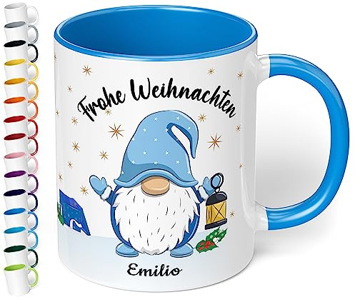True Statements Weihnachtstasse mit Namen personalisiert „Frohe Weihnachten Wunschname“ - 330ml Keramik Kaffeebecher mit Wichtel-Motiv und Spruch – Geschenk zu Weihnachten (Cambridge Blau)