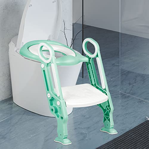 Toilettensitz Kinder mit Treppe, Kinder Toilettensitz Toilettentrainer, Weicher WC Sitz, Faltbar Kindertoilette WC Sitz Töpfchentrainer für V-, U- oder O-förmige Toiletten (Weiß-hellgrün)