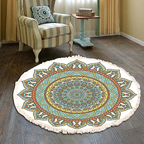 Duories Tappeto rotondo in cotone bohémien, lavabile, tessuto a mano, con nappe, per camera da letto, corridoio, soggiorno, tavolino da caffè, lavabile in lavatrice, 120 cm, fiori #23
