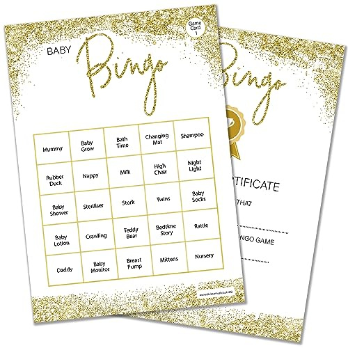 Olivia Samuel Bingo Baby Shower Game for up to 26 Players from Gold Sparkle Design with Winner Certificate – Unisex – Made in the UK