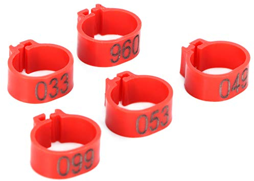 100 Stück Tauben-Identifizierungsring, Taubenringe für Beine, 001–100, Nummerierter Vogel-Clip-Ring, Geflügel-Beinring, Vogelbeinbänder, Tauben-Fußring (10 mm großer roter Ring