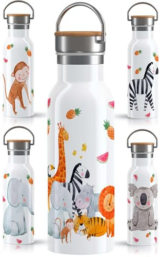 OWLBOOK® Edelstahl Trinkflasche Kinder | Wasserflasche Flasche BPA-frei | 600 ml | Auslaufsicher Spülmaschinenfest | Schule | Schulanfang Geschenke zur Einschulung Mädchen Jungen | Tiere