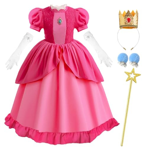 LiUiMiY Prinzessin Peach Kostüm Mädchen Kinder Rosa Pfirsich Kleid Fasching Karneval Halloween Geburtstag Party Verkleidung mit Zubehör, 104-110(Etikett 110)