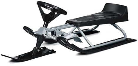 COSTWAY Lenkschlitten mit 2 Fußbremsen, Rennrodel mit Lenkrad & Zugseil, Schlitten Kinder Metall 75 kg Tragkraft, Skibob Kinderschlitten Rodel Schlitten für Kinder ab 4 Jahren (Grau)