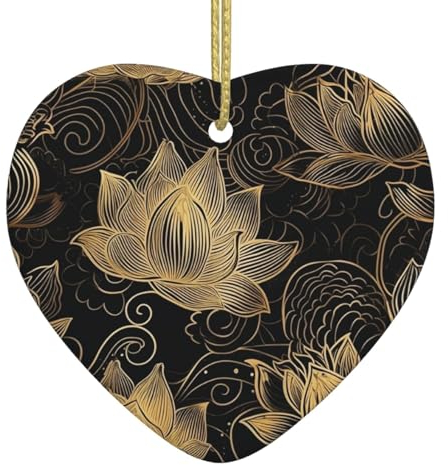 Keramik Weihnachtsschmuck Herz Xmas Anhänger zweiseitig Boho Gold Lotus Blumen Druck Hängende Ornament für Weihnachtsbaum Kamin Büro Urlaub Dekoration