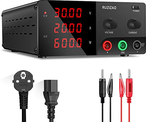 RUZIZAO Fuente de Alimentación Regulable 30V 20A 600W, Alta Potencia para Laboratorio de Banco con Mando Codificador, Pantalla LED de 4 Dígitos