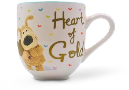 Boofle Heart of Gold Ceramic Mug 350ml – Cute Licensed Boofle Dog Gift Mug with Gold Script & Colourful Hearts – Tea Coffee Hot Chocolate Cup