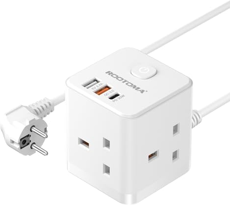 UK to European Plug Adapter with 1.5M Extension Cable 3 Way 3 Fast Charging USB (QC3.0/PD20W) Compact Cube Type E/F Travel Adapter for Germany France Spain Poland Greece Netherlands etc.