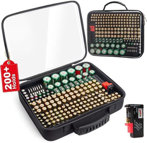 Glamgen Clear Battery Organizer Storage Case, Hardshell Portable Battery Storage Organizer Box Holds 200+ Batteries AA AAA AAAA C D 9V Includes Battery Tester, Battery Holder for Garage Organization