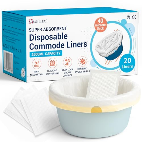 20pk Omnitex 2500ml High Absorption Capacity Commode Liners, Bed Pan Liners 80% SAP granules gel conversion pad | Strong Adult Portable Toilet Bag with drawstring and SAP Pad | CE & UKCA certified