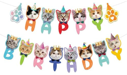 MHDAMAI Buon Compleanno Banner,Cartoon Cat Striscione Buon Compleanno Colorato Happy Birthday Banner Festone per Decorazione Festa di Compleanno