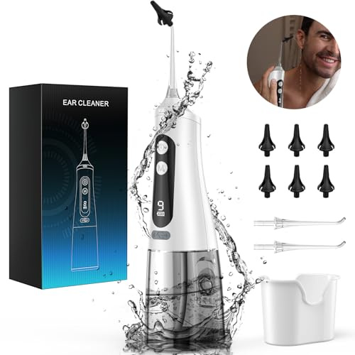 DIHOOM Ear Wax Removal Kit, Rechargeable Electric Earwax Removal Tool with 9 Pressure Modes, 6 Replaceable Tips, IPX7 Waterproof, Sewage Cup, 350ml Water Tank, Suitable for Children and Adults