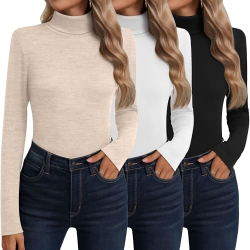 Neer 3er Pack Damen Rollkragen Baumwolle Langarm Ärmeln Thermo Unterwäsche Basisschicht Herbst Winter Shirts Pullover