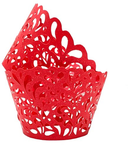 KOSTOO Cupcake-Förmchen, Wassertropfen, künstlerisches Backen, Papier, Spitze, lasergeschnitten, Backförmchen, Muffin für Hochzeit, Party, Geburtstag, Dekoration, Rot, 50 Stück
