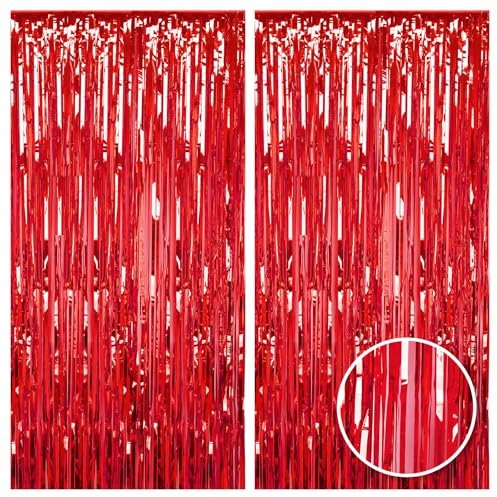 2pcs 3.2ft X 6.5ft Metallic Tinsel Curtains Background Streamer for Birthday Party Wedding Decoration (Red)
