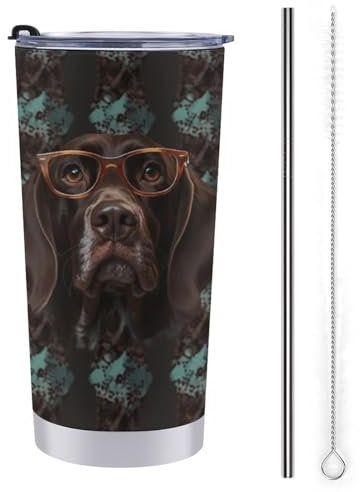 YHEGBFD Isolierter Reise-Kaffeebecher aus Edelstahl, kurzhaariger Hund in Brille, auslaufsicherer Becher, Edelstahl-Autobecher mit Deckel und Strohhalm