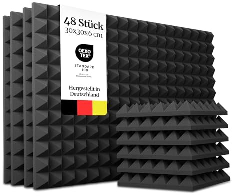 PolySound Pyramidenschaumstoff - Profi-Akustikpaneele für Studio, Podcast & Heimkino - effektive Schallabsorption & Schalldämmung - 48 Stück 30x30x6cm - Schwarz