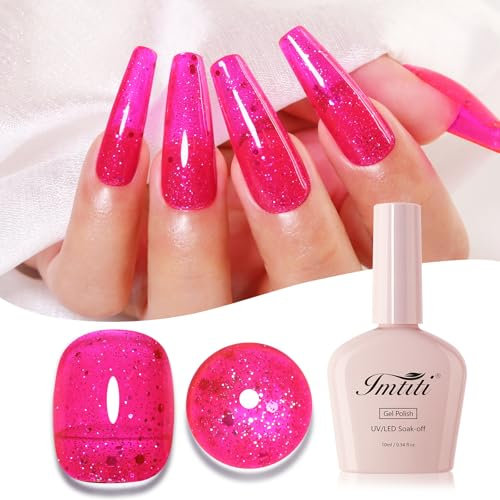 Imtiti Glitter Gel Nail Polish, 10ML Hot Pink Iridescent Diamond Shimmer Sparkle Soak Off UV LED Gel Polish for Autumn Winter Manicure Set