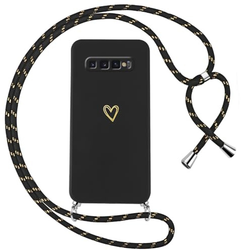 Oelrstfe Handyband für Samsung Galaxy S10 Hülle mit Band Herz Motiv Handyhülle für zum Umhängen Silikon Stoßfest Ultra Dünn Weich Schutzhülle mit Kordel Necklace Kette Love Muster Case,Schwarz