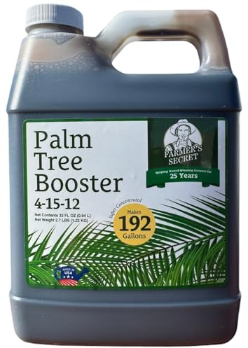 Farmer's Secret Palm Tree Booster Fertilizer - Super Concentrated 4-15-12 Formula - Formulated for All Types of Palm Trees at All Life Stages - Outdoor and Indoor/Container Trees (32oz)