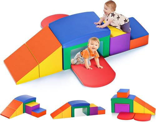 6 Piece Climb and Crawl Activity Play Set, Soft Play Set for Toddlers 1-3 - Climbing Toys - Baby Climbing Gym Foam - with Slide Stairs and Tunnel (6Pcs-Rainbow)