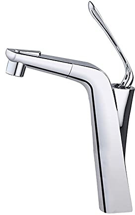 Robinet mitigeur de salle de bain avec douchette extractible double mode en cuivre chaud et froid - Robinet de cuisine télescopique - Finition chromée - Robinet mitigeur de lavabo bas chromé