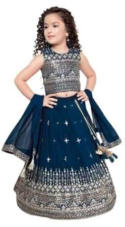 disson Ensemble traditionnel Lehenga Choli pour fille, bleu marine avec broderie argentée, haut court 2 pièces et jupe avec dupatta, bleu marine, 6 ans