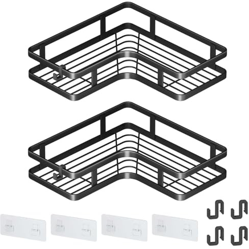 SAVOSWEET 2 Pièces L Shape Adhésif Etagere Douche Sans Percage, Étagère de Rangement Douche Noir avec Porte Savon Douche, Antirouille Support Douche Porte Shampoing pour Articles de Salle de Bains