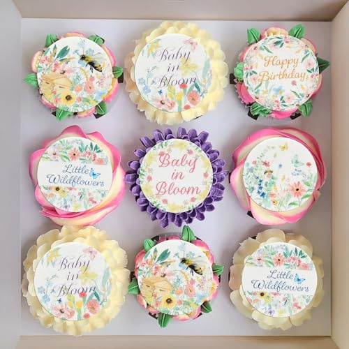 Gyufise 54Pcs Edible Wildflower Cupcake Toppers Wafer Paper Baby in Bloom Baby Shower Decorations Flower Birthday Party Decorations Wildflower Cake Toppers for Birthday Party Supplies