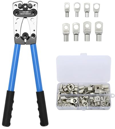 aleawol Battery Cable Crimping Tool for 10-1/0 AWG, Wire Terminal Crimping Crimps Set, Heavy Duty Hand Electrician Pliers with 60Pcs Copper Ring