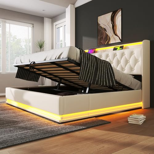 Oxtao Polsterbett Doppelbett 180x200CM, LED Hydraulisch Stauraumbett Funktionsbett mit Stauraum und Lattenrost, Kopfteil mit USB Typ-C Ladefunktion, PU, Ohne Matratze (Weiß, Ohne Matratze, 180x200CM)